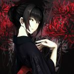  black black_eyes black_hair bust copyright_request erise flower from_behind highres japanese_clothes kimono looking_back pale_skin solo spider_lily 