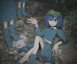  3girls aesur_a blue_boots blue_eyes blue_hair blue_shirt blue_skirt bobbles boots collared_shirt grass green_hat hair_between_eyes hair_bobbles hair_ornament hat kappa_mob_(touhou) kawashiro_nitori long_sleeves looking_up lying lying_on_water medium_hair multiple_girls nervous nervous_smile nervous_sweating on_back open_mouth photoshop_(medium) planted planted_shovel real_life shirt shovel skirt skirt_pocket smile sweat sweatdrop touhou twintails white_shirt 