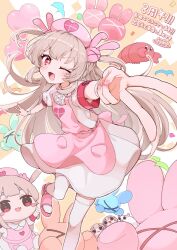  >_< 1girl ;d anniversary apron armband balloon bandaged_wrist bandages blonde_hair blush center_frills character_doll collared_dress commentary confetti doll dress fang frills hair_ornament hat heart heart_balloon heart_print highres long_hair looking_at_viewer nakagawa_(nakagawa_sugar) natori_sana nurse_cap one_eye_closed open_mouth pink_apron pink_hat pink_shoes puffy_short_sleeves puffy_sleeves rabbit_hair_ornament red_armband red_eyes safety_pin sana_channel shoes short_sleeves shrimp skin_fang smile solo standing standing_on_one_leg stuffed_animal stuffed_rabbit stuffed_toy thigh-highs two_side_up untranslatable_commentary v virtual_youtuber white_dress white_thighhighs 
