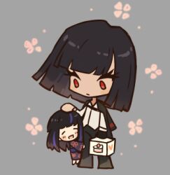  araya_(project_moon) black_gloves black_hair black_jacket black_pants blue_kimono box chibi closed_mouth collared_shirt commentary dated_commentary expressionless flower gloves grey_background happy_aura holding holding_box jacket jacket_on_shoulders japanese_clothes kimono limbus_company long_hair long_sleeves lowres mother_and_child mother_and_daughter official_art pants parent_and_child petting project_moon prosthesis red_eyes ryoshu_(project_moon) shirt simple_background untranslatable_commentary very_long_hair white_shirt wide_sleeves 