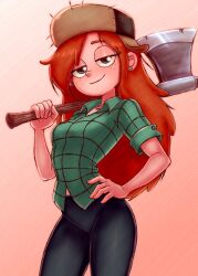  1girl arched_back axe black_pants breasts closed_mouth commentary earrings freckles fur_hat gravity_falls green_eyes grey_background hat highres holding holding_axe jewelry long_hair looking_at_viewer medium_breasts pants rb-gs red_hair shirt short_sleeves smile solo wendy_corduroy 