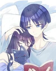  1boy 1girl alternate_hairstyle animal animalization asymmetrical_bangs black_cat blue_eyes blunt_bangs blunt_ends book bright_pupils cat choppy_bangs closed_eyes closed_mouth collarbone couple eyelashes eyeliner fingernails from_above genshin_impact grey_shirt grey_sleeves hair_down hair_intakes hair_over_shoulder hand_on_another's_head hand_up head_on_another's_shoulder head_on_pillow hetero highres holding holding_animal holding_book holding_cat leaning_on_person light_blush long_hair lying makeup mona_(genshin_impact) on_back on_bed open_book person_and_animalization pillow purple_hair purple_sleeves red_eyeliner renacchi06 scaramouche_(cat)_(genshin_impact) scaramouche_(genshin_impact) shared_bed shirt sleeping split_mouth strap_slip swept_bangs tsurime white_pupils 