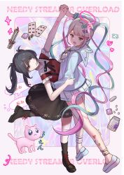  2girls absurdres ame-chan_(needy_girl_overdose) black_hair black_skirt blue_hair bow bowtie boxcutter chouzetsusaikawa_tenshi-chan commentary_request dirty dirty_face halo highres indoors jiumi long_hair long_sleeves looking_at_viewer melting_halo multiple_girls needy_girl_overdose open_mouth pien_cat_(needy_girl_overdose) pill pink_hair platform_shoes quad_tails red_shirt scar school_uniform self-harm_scar serafuku shirt shoes short_sleeves skirt twintails white_skirt 