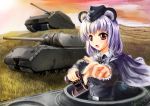  1girl absurdres animal_ears binoculars blurry caterpillar_tracks cross grass highres iron_cross lens_flare lita_(keyboard000) military military_uniform military_vehicle mouse_ears nazi nazrin object_namesake original panzerkampfwagen_viii_maus tank touhou uniform vehicle war 