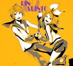  character_name dual_persona food fruit genderswap hand_holding highres holding_hands kagamine_rin kagamine_rinto kunieda_(miniaturegarden) orange short_hair shorts vocaloid yellow 