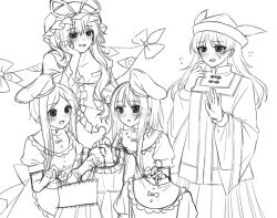  4girls alternate_costume apron back_bow blush bow breasts clothes_hanger commentary_request dress embarrassed gap_(touhou) greyscale hat hat_ribbon highres holding holding_clothes_hanger holding_unworn_clothes large_breasts long_hair long_sleeves matara_okina mob_cap mochigumo monochrome multiple_girls nishida_satono open_mouth puffy_short_sleeves puffy_sleeves ribbon short_sleeves smile sweatdrop tabard teireida_mai touhou waist_apron yakumo_yukari 