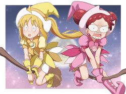  blonde_hair blush bocchi_the_rock! broom broom_riding commentary_request commission crossover double_bun dress earrings full_moon gloves hair_bun harukaze_doremi hat highres ijichi_nijika jewelry long_hair magical_girl milliani moon multiple_girls ojamajo_doremi open_mouth pink_dress pink_gloves pink_hat pink_shoes pixiv_commission puffy_short_sleeves puffy_sleeves red_eyes red_hair shoes short_hair short_sleeves side_ponytail sky smile star_(sky) starry_sky witch_hat yellow_dress yellow_eyes yellow_gloves yellow_hat yellow_shoes 