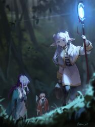  0mou_art 1boy 2girls absurdres arm_at_side arms_at_sides artist_name axe battle_axe black_coat black_pantyhose briefcase capelet climbing coat commentary dress elf english_commentary fern_(adventure_time) fern_(sousou_no_frieren) forest frieren from_above hair_over_shoulder hand_up highres holding holding_briefcase holding_staff jacket long_hair long_sleeves mage_staff magic multiple_girls nature night open_clothes open_coat open_jacket outdoors pantyhose pointy_ears purple_hair red_hair red_jacket shirt short_hair skirt sleeve_cuffs sousou_no_frieren staff straight_hair striped_clothes striped_shirt tree twintails walking weapon white_capelet white_dress white_hair white_jacket white_skirt 