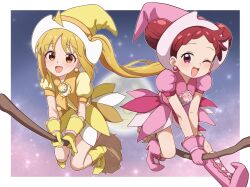  ;d blonde_hair blush bocchi_the_rock! broom broom_riding commentary_request commission crossover double_bun dress earrings full_moon gloves hair_bun harukaze_doremi hat highres ijichi_nijika jewelry long_hair magical_girl milliani moon multiple_girls ojamajo_doremi one_eye_closed open_mouth pink_dress pink_gloves pink_hat pink_shoes pixiv_commission puffy_short_sleeves puffy_sleeves red_eyes red_hair shoes short_hair short_sleeves side_ponytail sky smile star_(sky) starry_sky witch_hat yellow_dress yellow_eyes yellow_gloves yellow_hat yellow_shoes 