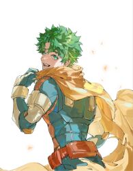  1boy belt boku_no_hero_academia commentary green_eyes green_hair highres long_sleeves looking_back male_focus midoriya_izuku open_mouth realemonade red_belt round_teeth scarf short_hair simple_background smile solo superhero_costume teeth white_background yellow_scarf 