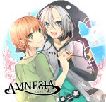  1girl alternate_hairstyle amnesia_(idea_factory) bad_id blue_eyes choker green_eyes grey_hair hand_holding heroine_(amnesia) holding_hands hoodie looking_back mi_(liki1020) orange_hair orion_(amnesia) short_hair smile title_drop 