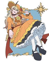  1boy adjusting_clothes adjusting_headwear back_ribbon black_choker black_shoes blonde_hair choker collarbone commentary_request crossdressing crossdressing_(mtf) crossed_legs dress flower frilled_sleeves frills full_body guest_art hair_between_eyes hand_up hat hat_flower high_heels highres juliet_sleeves kamui_(pgr) layered_dress long_hair long_sleeves looking_at_viewer male_focus open_mouth orange_dress orange_hat pantyhose petticoat picture_hat puffy_sleeves punishing:_gray_raven red_flower red_ribbon ribbon shoes sitting smile solo start_furuike teeth upper_teeth_only white_background white_pantyhose yellow_eyes yellow_flower 