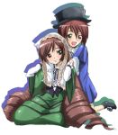  2girls blush brown_hair drill_hair gloves green_eyes hat headdress heterochromia hug hug_from_behind kneeling long_hair multiple_girls red_eyes rozen_maiden short_hair siblings sisters souseiseki suiseiseki top_hat toryuu twins very_long_hair white_gloves 