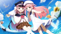  2girls :d absurdres ascot black_cape black_hat blue_sailor_collar blue_sky blunt_ends blurry blurry_background blush brown_skirt bug bun_cover butterfly cape collared_shirt commentary company_connection crossover day double_bun dress eyes_visible_through_hair fang feet_out_of_frame floating_hair flower glint glowing_butterfly hair_between_eyes hair_bun hand_up happy hat heaven_burns_red highres holding_hands interlocked_fingers katou_umi key_(company) kunimi_tama lighthouse long_hair long_sleeves look-alike looking_at_viewer military_vehicle miniskirt multiple_girls ocean open_mouth outdoors outstretched_arm outstretched_hand peaked_cap pink_eyes pink_hair plaid_clothes plaid_skirt pleated_skirt red_ascot ribbon rinki_oohen sailor_collar sailor_dress sailor_hat salute ship shirt skirt sky sleeveless sleeveless_dress smile standing summer_pockets sunflower thigh-highs trait_connection two_side_up v-shaped_eyebrows very_long_hair warship water_drop watercraft white_dress white_hat white_shirt white_thighhighs wide_sleeves yellow_ribbon zettai_ryouiki 