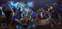  4boys absurdres alien armor battle bioluminescence blue_skin chest_guard circle_arms claws color_timer colored_skin commentary_request compound_eyes crystal destruction dorsal_fin dual_wielding elbow_spikes eldritch_abomination extra_arms eye_slugger forehead_jewel giant giant_male giant_monster glowing glowing_chest glowing_eyes glowing_mouth guts_hawk guts_wing guts_wing_02 highres holding holding_sword holding_weapon horns jaw kaiju male_focus monster multicolored_skin multiple_boys no_humans no_pupils open_mouth original pectorals purple_skin red_skin scales sharp_teeth silver_bodysuit silver_gloves silver_skin single_horn spines stomach_mouth studded_armor sword tail teeth tokusatsu tokusatsushima toned toned_male ultra_dual_sword ultra_series ultraman_decker ultraman_decker_(series) ultraman_dyna ultraman_dyna_(series) ultraman_tiga ultraman_tiga_(series) ultraman_trigger ultraman_trigger_(series) weapon white_eyes wrinkled_skin yellow_eyes 