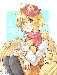  1girl ahoge asagiri_uyuki baby_animal bird black_pantyhose blonde_hair blush chick chick_on_shoulder chicken_girl commentary dress hair_between_eyes highres long_sleeves looking_at_viewer medium_hair multicolored_hair niwatari_kutaka orange_dress pantyhose parted_lips red_hair red_scarf scarf shirt sitting smile steam touhou twitter_username two-tone_hair watermark white_shirt wings yellow_eyes yellow_wings 