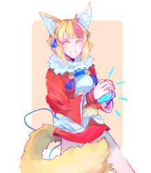  1girl animal_ears breasts fire_emblem fire_emblem_fates fox_ears fox_girl fox_tail fur-trimmed_kimono fur_trim grin highres japanese_clothes kimono medium_breasts multicolored_hair phantasananas selkie_(fire_emblem) smile solo streaked_hair tail two-tone_hair yellow_eyes 