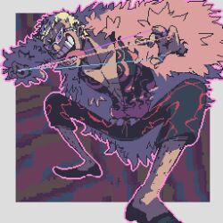  1boy belt black_pants black_shoes blonde_hair border commentary donquixote_doflamingo dotpict_(medium) english_commentary evil_smile feather_boa highres leg_hair licking muscular muscular_male one_piece outside_border pants patterned_clothing pink-tinted_eyewear pink_shirt pixel_art shirt shoes short_hair smile solo squatting string sunglasses teeth tinted_eyewear tongue tongue_out v-neck veele white_border 