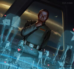  1boy absurdres artist_name artstation_logo artstation_username at-at belt blue_eyes brown_hair grey_jacket highres hologram imperial_officer instagram_logo instagram_username jacket short_hair solo star_wars star_wars_legion wilmar_ballespi 