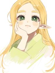  1girl blonde_hair blush closed_mouth commentary didi_en_ilu facing_viewer green_eyes green_shirt head_on_hand highres long_hair long_sleeves parted_bangs pointy_ears princess_zelda shirt sketch solo straight_hair the_legend_of_zelda the_legend_of_zelda:_breath_of_the_wild thick_eyebrows upper_body white_background 