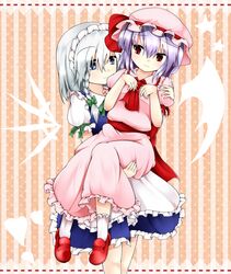  apron arms_up ascot bat_wings blouse bow braid carrying dress_shirt frills frown grey_eyes hair_bow hand_on_shoulder hand_on_thigh hat hat_ribbon heart izayoi_sakuya kneehighs knife lavender_hair light_smile looking_at_another maid_headdress multiple_girls princess_carry puffy_sleeves red_eyes remilia_scarlet ribbon scarlet_0915 shirt shoes short_hair short_sleeves silver_hair single_braid skirt standing star striped striped_background touhou vest white_legwear wings 