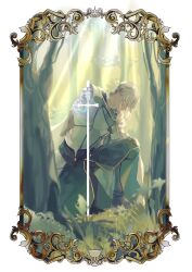  1boy aqua_eyes armor bedivere_(fate) cape commentary_request dappled_sunlight fate/grand_order fate_(series) forest full_body grass highres holding holding_sword holding_weapon looking_at_viewer male_focus masuo1992 nature on_one_knee overlighting picture_frame prosthesis prosthetic_arm solo sunlight sword weapon white_hair 