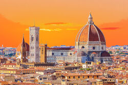  anuchartl architecture city cityscape clouds commentary cupola_(building) dome english_commentary european_architecture evening florence_(city) florence_cathedral highres italy no_humans orange_sky original outdoors photorealistic real_world_location realistic scenery sky spire tower 