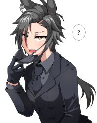  1girl ? air_shakur_(umamusume) animal_ears black_gloves black_hair black_jacket black_necktie brown_eyes collared_shirt commentary_request eyebrow_piercing eyes_visible_through_hair face_piercing gloves grey_shirt hair_over_one_eye hand_up highres horse_ears jacket long_hair long_sleeves mask mask_pull mouth_mask necktie open_mouth piercing sharp_teeth shirt simple_background solo spoken_question_mark takobutter teeth thick_eyebrows umamusume very_long_hair white_background 