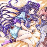  alternate_costume bare_legs bloomers head_wings koakuma long_hair lying messy_hair multiple_girls nanashii_(soregasisan) navel no_hat no_headwear on_side patchouli_knowledge purple_eyes purple_hair red_eyes red_hair redhead short_hair smile socks touhou very_long_hair violet_eyes 