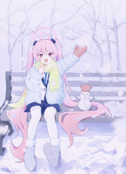  1girl 4k_a9 absurdres bare_tree bench blue_archive blue_boots blue_necktie blue_skirt boots commentary_request double-parted_bangs down_jacket fang full_body fur-trimmed_boots fur_trim grey_jacket hair_between_eyes halo highres jacket koyuki_(blue_archive) long_hair long_sleeves looking_at_viewer mittens necktie open_clothes open_jacket open_mouth outdoors pink_eyes pink_halo red_mittens scarf single_mitten sitting skin_fang skirt smile snow snowing solo symbol_in_eye thigh-highs tree twintails v-shaped_eyebrows very_long_hair waving white_thighhighs winter yellow_scarf 