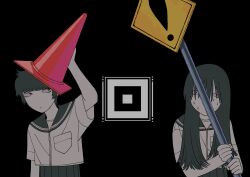  2girls absurdres commentary_request greyscale highres holding holding_sign long_hair monochrome multiple_girls original road_sign school_uniform serafuku short_hair sign spot_color sweat tanaka_kaga traffic_cone traffic_cone_on_head 