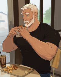  1boy beard black_shirt burger chair closed_mouth commentary cup eating facial_hair food french_fries full_beard grey_eyes highres holding holding_food indoors looking_at_food male_focus mature_male muscular muscular_arms muscular_male old old_man on_chair onion_rings original sa1k0p sauce shirt short_hair sitting solo sweat table thick_eyebrows tray undercut untranslatable_commentary upper_body white_hair wide-eyed window 