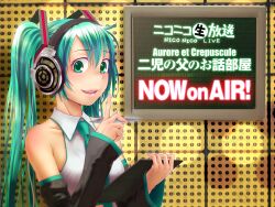  1girl aqua_eyes aqua_hair aqua_nails aqua_necktie arm_warmers armpit_crease bare_shoulders black_arm_warmers breasts clipboard collarbone collared_shirt commentary_request hair_between_eyes hands_up hatsune_miku headphones highres holding holding_clipboard holding_pen index_finger_raised long_hair looking_at_viewer medium_breasts nail_polish necktie niconico open_mouth pen screen sennheiser shirt sidelocks sleeveless sleeveless_shirt smile solo square_hair_ornament tile_wall tiles twintails upper_body vocaloid white_shirt wing_collar wokada 