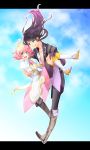  1girl :q aqua_eyes ayatsuji_mia black_hair boots carrying couple dress estellise_sidos_heurassein gloves highres letterboxed long_hair pink_hair princess_carry tales_of_(series) tales_of_vesperia tongue white_gloves yuri_lowell 