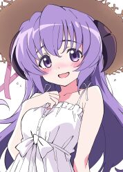  1girl :d bare_arms bare_shoulders blush breasts brown_hat collarbone dress hand_up hanyuu hat highres higurashi_no_naku_koro_ni horns long_hair looking_at_viewer medium_breasts niyane open_mouth purple_hair simple_background sleeveless sleeveless_dress smile solo sun_hat sundress textless_version upper_body violet_eyes white_background white_dress 