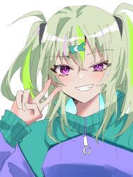  1girl alternate_costume aqua_sweater commentary_request eyelashes eyes_visible_through_hair fish_hair_ornament green_hair green_streaks grin hair_between_eyes hair_ornament hand_up heaven_burns_red highres long_hair looking_at_viewer multicolored_hair ooshima_isuzu purple_sweater rin_0101010 sidelocks simple_background sleeves_past_wrists smile smug solo streaked_hair sweater turtleneck turtleneck_sweater two-tone_sweater two_side_up upper_body v v-shaped_eyebrows violet_eyes white_background 