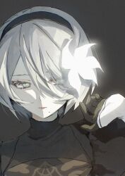  1girl 2b_(nier:automata) amaterasu2sei black_background black_dress black_gloves black_hairband blue_eyes closed_mouth commentary dress eyelashes eyes_visible_through_hair flower gloves grey_hair hair_between_eyes hair_flower hair_ornament hairband hand_up highres lips mole mole_under_mouth nier:automata nier_(series) short_hair solo straight-on turtleneck turtleneck_dress upper_body white_flower 