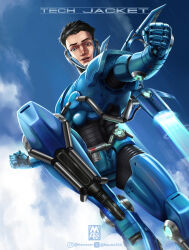  1boy absurdres armor artist_name black_hair blue_armor bodysuit character_name commentary english_commentary english_text highres image_comics invincible_(series) male_focus masmarcos power_armor science_fiction short_hair signature skyline solo superhero_costume tech_jacket zach_thompson 