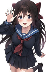  1girl absurdres arm_at_side black_hair black_serafuku black_shirt black_shoes black_skirt black_socks blue_eyes blue_sailor_collar blush breasts choppy_bangs commentary_request foot_out_of_frame hair_between_eyes hand_up highres large_breasts leg_up loafers long_hair long_sleeves looking_at_viewer love_live! love_live!_nijigasaki_high_school_idol_club miniskirt nanatsu_no_umi neckerchief open_mouth osaka_shizuku pleated_skirt red_neckerchief sailor_collar school_uniform serafuku shirt shoes simple_background skirt smile socks solo very_long_hair waving white_background 