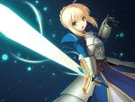  armor armored_dress blonde_hair braid cygnus_(artist) dress excalibur fate/stay_night fate/zero fate_(series) french_braid gauntlets glowing glowing_weapon green_eyes hair_ribbon holding light_particles open_mouth ribbon saber short_hair solo sword weapon 