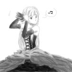  1girl adjusting_hair detached_sleeves drawfag dress gwendolyn hair_ornament long_hair monochrome musical_note odin_sphere solo whistling 