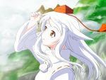  :o alternate_hairstyle arm_up bust cloud clouds hat head_tilt high_collar holding_hair inubashiri_momiji long_hair long_sleeves looking_up mountain pom_pom_(clothes) red_eyes sachishiro_pengin sky solo tassel tokin_hat touhou vest white_hair wide_sleeves wind 
