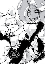  2girls apron black_dress bow breasts dress hair_bow inkling large_breasts long_hair maid maid_apron maid_headdress marina_(splatoon) mole mole_under_mouth monochrome multiple_girls mutsuki_(pixiv116518) octoling pearl_(splatoon) short_eyebrows short_hair smile splatoon_(series) tentacle_hair 