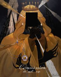  1other absurdres black_skin censored censored_identity cloak colored_skin column crown extra_hands facing_viewer highres hood hood_up hooded_cloak littlekhada7 long_fingers own_hands_together pillar pocket_watch searching_for_a_world_that_doesn't_exist solo spire the_king_in_yellow_(searching_for_a_world_that_doesn't_exist) watch yellow_cloak 