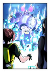  2girls aiba_ami armor black_hair commentary_request craniummon digimon digimon_(creature) digimon_story:_cyber_sleuth helmet highres kamishiro_yuuko knight multiple_girls pied-piper1997 purple_armor purple_helmet red_eyes red_hair solo_focus 