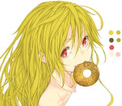  doughnut face fang long_hair looking_at_viewer monogatari_(series) mouth_hold nisemonogatari oshino_shinobu portrait red_eyes solo tsunotsuki_(uguisu_maccha) 