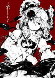 1girl absurdres ascot bow bug chinese_commentary commentary_request detached_sleeves frilled_bow frilled_hair_tubes frills gap_(touhou) greyscale_with_colored_background hair_bow hair_tubes hakurei_reimu highres jiyouer long_hair looking_at_viewer red_background ribbon-trimmed_sleeves ribbon_trim skirt solo spider touhou 