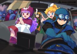  2boys 2girls absurdres belt black_bodysuit blonde_hair blue_eyes blue_gloves blue_hat blue_tunic bodysuit boots brother_and_sister cape car_interior car_seat closed_mouth commentary_request cousins curly_hair dragon_quest dragon_quest_ii dress driving ghoul_(dragon_quest) gloves goggles goggles_on_headwear green_tabard hair_ribbon hat high_ponytail highres long_hair looking_at_viewer monster motion_blur motor_vehicle multiple_boys multiple_girls open_mouth orange_cape pink_boots pink_hood pointing pointing_forward ponytail prince_of_lorasia prince_of_samantoria princess_of_moonbrook princess_of_samantoria purple_hair red_eyes ribbon robe sawarabi_(sawarabi725) siblings sitting spiky_hair tabard tunic white_dress white_ribbon white_robe zombie 