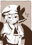  ascot bad_id bat_wings blush bow character_name fang grin hand_on_own_face hat hat_bow high_contrast hounori looking_at_viewer monochrome portrait puffy_sleeves remilia_scarlet sepia short_hair short_sleeves smile solo text touhou wings wink 
