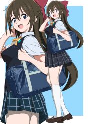  1girl black_skirt blue_eyes blue_shirt bow breasts brown_hair brown_shoes commentary_request feet_out_of_frame full_body hair_bow highres long_hair looking_at_viewer love_live! love_live!_nijigasaki_high_school_idol_club makotti medium_breasts multiple_views nijigasaki_school_uniform open_mouth osaka_shizuku profile school_uniform shirt shoes skirt standing sweater_vest thigh-highs white_thighhighs yellow_bow 